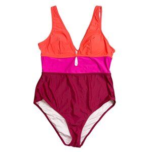 Cupshe Colorblock Keyhole One Piece Swimsuit Womens Size XL Neon Pink Orange NEW